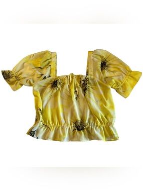 H&M Yellow Sunflower Puff-Sleeve Crop Top - Size Large